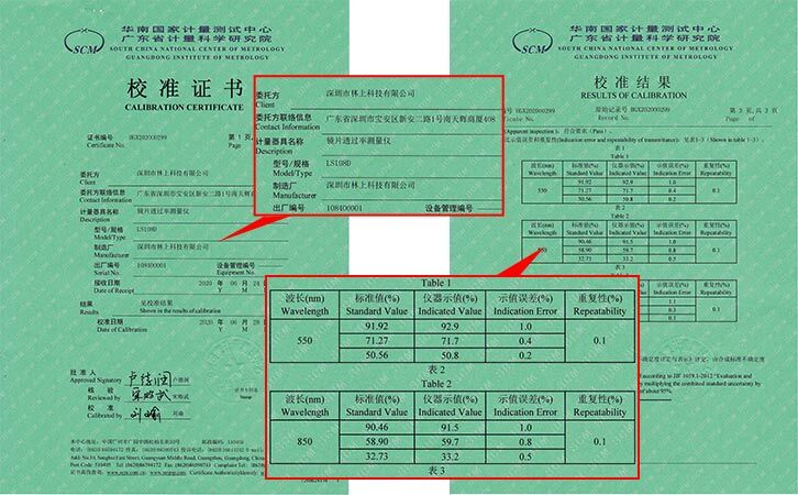 鏡片透過率測(cè)量?jī)x校準(zhǔn)證書